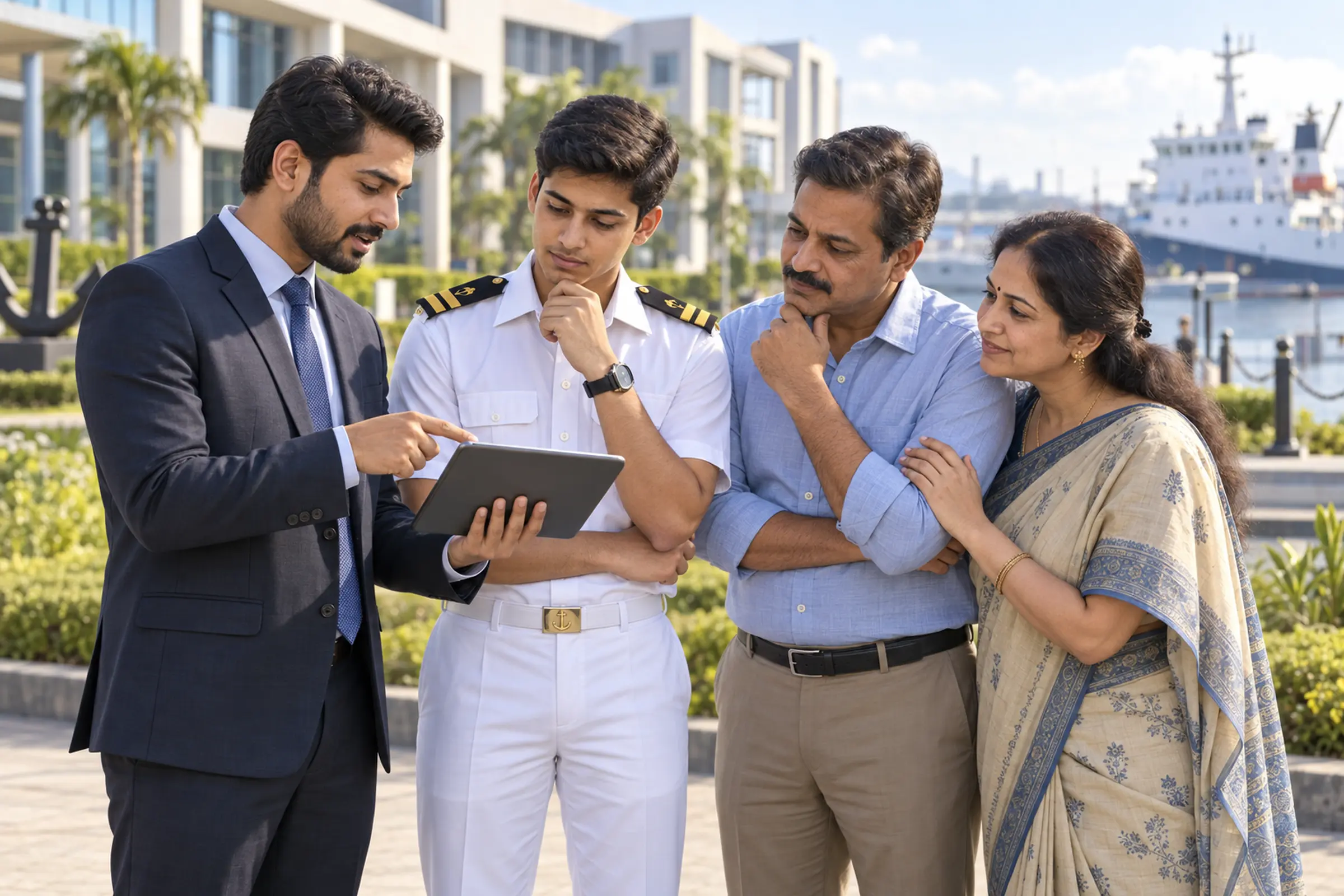 A counsellor explaining the admission process to a cadet and his parents at a maritime campus