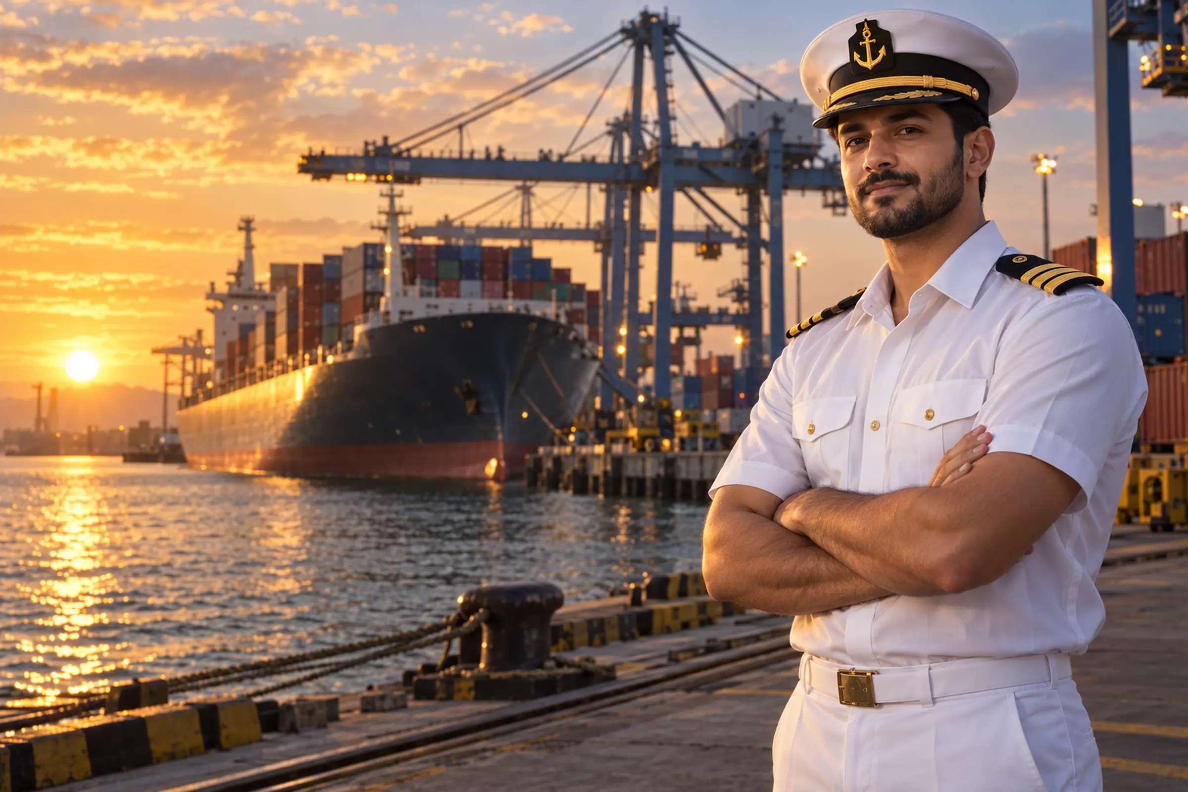A Merchant Navy GP Rating officer in white uniform before a container vessel at an Indian port