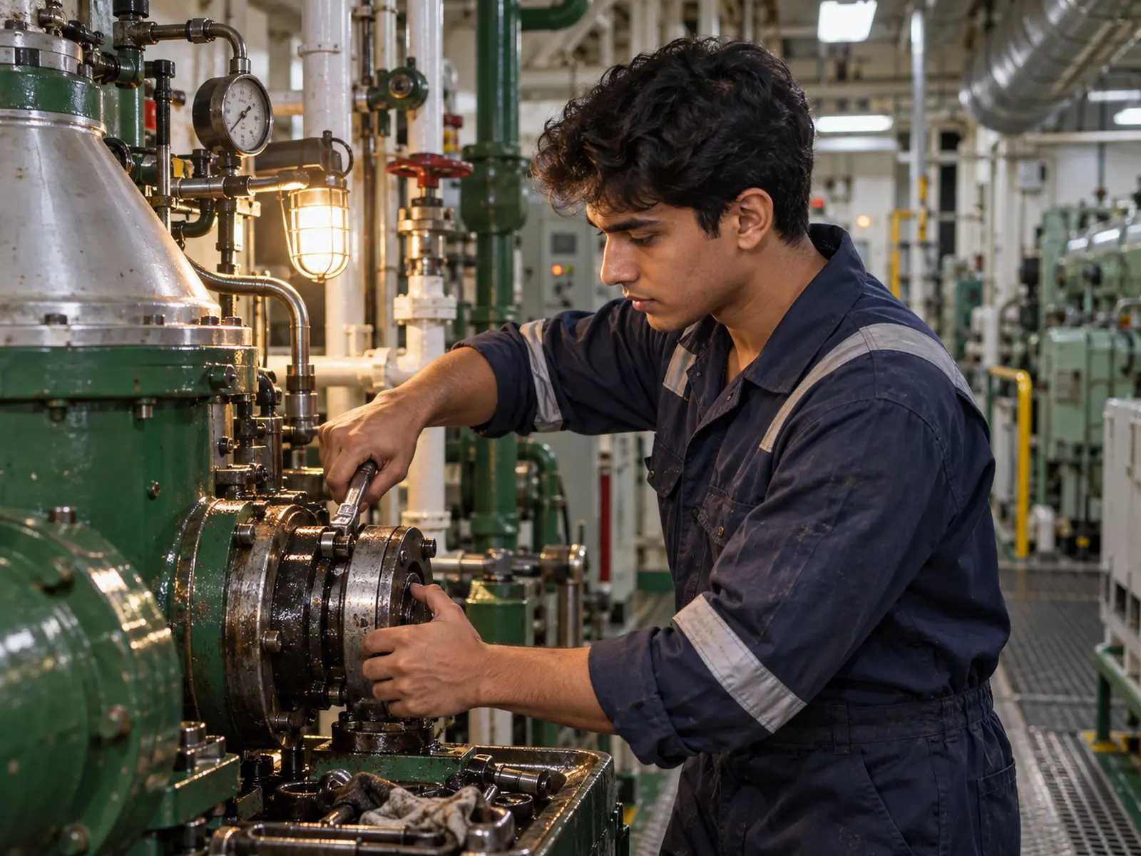 An engine cadet working on machinery in a ship's engine room