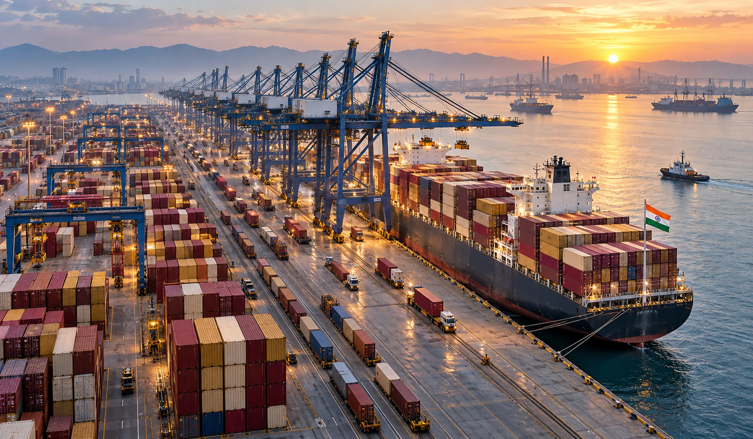 An Indian container port at dawn with gantry cranes and a vessel being worked