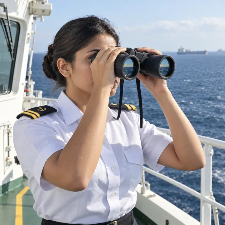 A woman cadet on the bridge wing of a merchant vessel